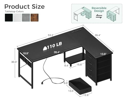 L Shaped Desk with 4 Tier Drawers, Power Outlets & USB, Corner Computer Desk with CPU Stand U4256