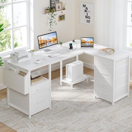 L Shaped Gaming Desk with Storage Drawers and Power Outlets I94529