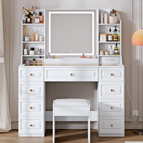 Makeup Vanity Desk with Mirror and Lights, Glass Top, 9 Drawers M5813