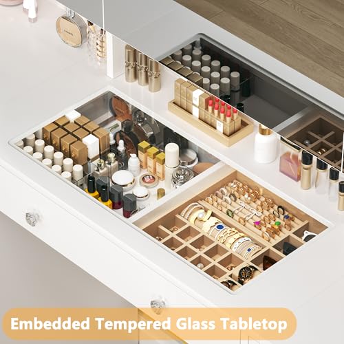 Vanity Desk with Mirror and Lights, 50" Makeup Vanity with Glass Top & Power Outlet F52929