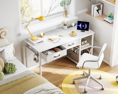 Small Computer Desk with Drawers & Power Outlet for Bedroom, Home Office M131
