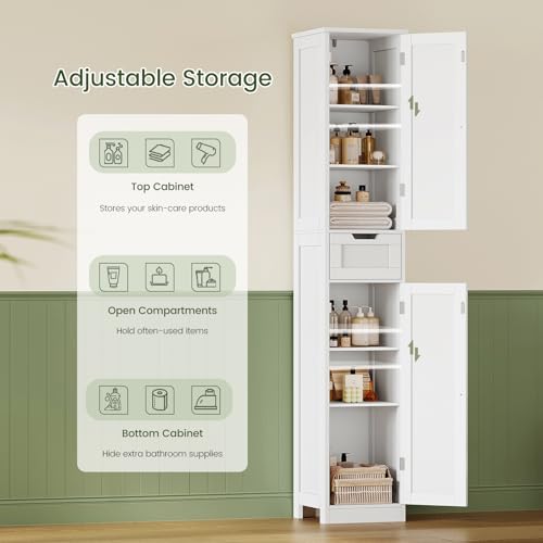 67" Tall Bathroom Cabinet with 2 Doors and 1 Drawer, Adjustable Shelves T930834