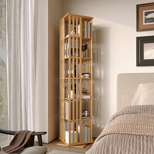 Rotating Bookshelf Tower, 360 Spinning Bamboo Bookcase, 6 Tier Floor Standing Storage Rack U3081