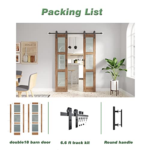 Double 18 x 84 inch Glass Barn Door with Hardware Kit & Handle Included, 3-Panel Frosted Glass, Need Assembly S404