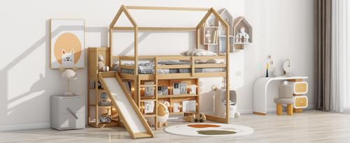 Wood House Loft Bed Frame with Slide and Storage Shelves Z806