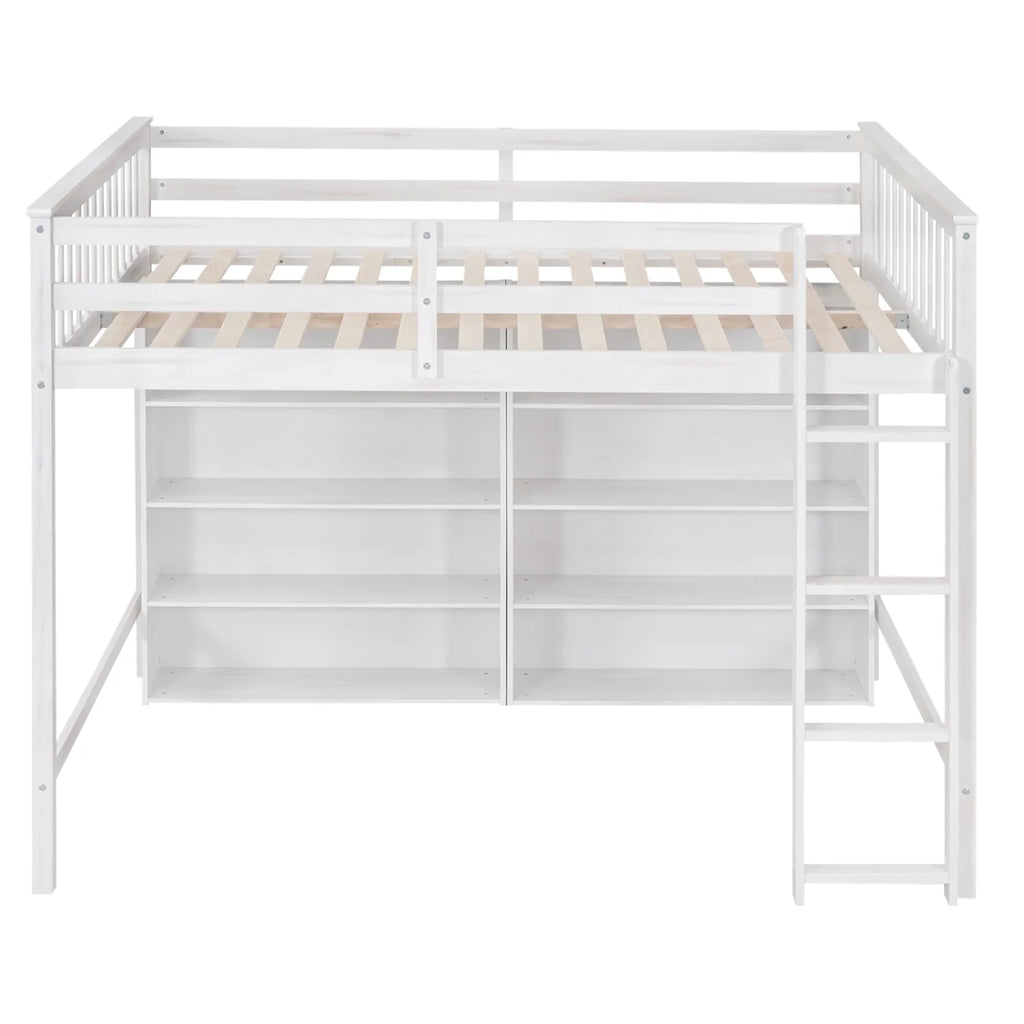 Wood Full Size Loft Bed with 8 Open Storage Shelves and Built-in Bookcase, White U209714