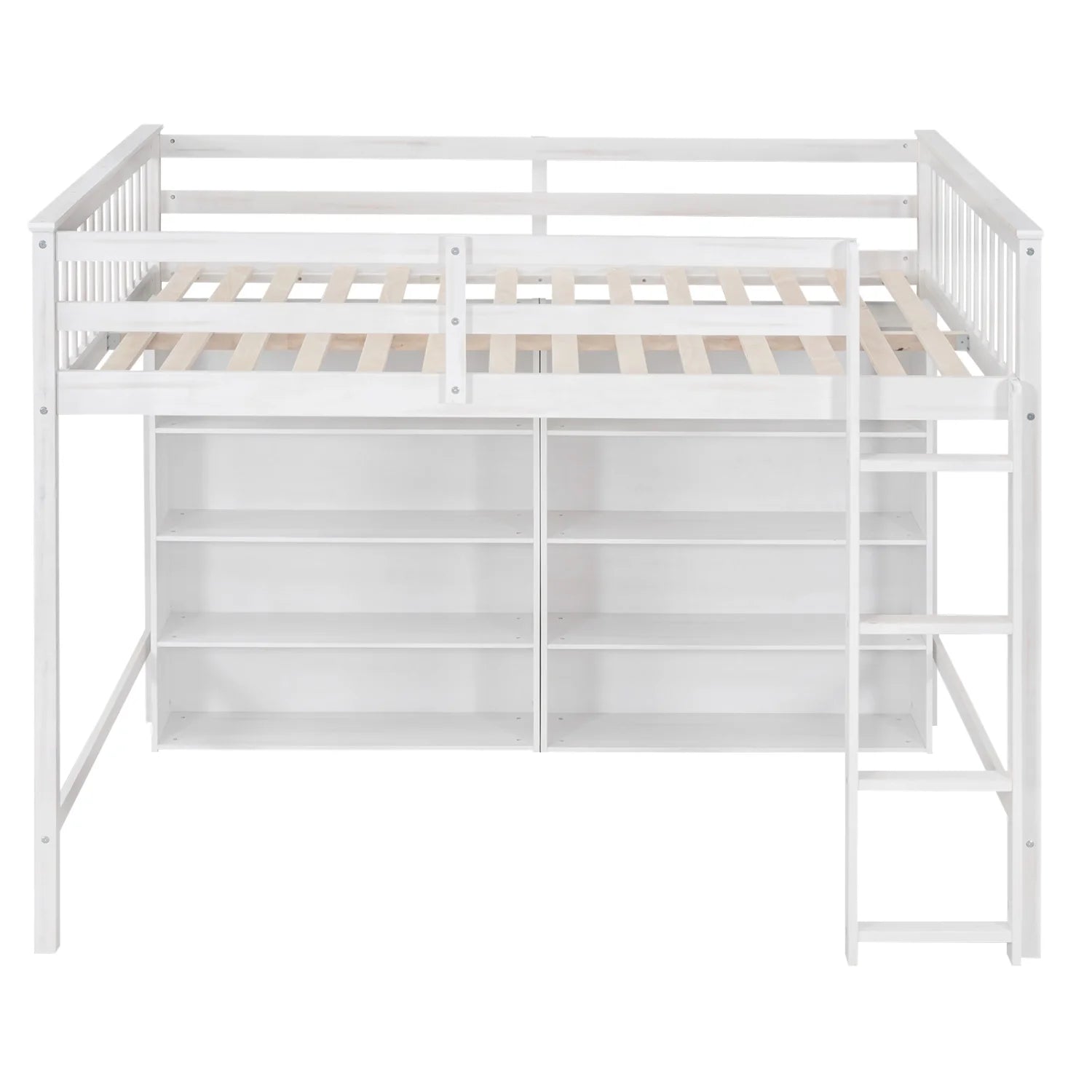 Wood Full Size Loft Bed with 8 Open Storage Shelves and Built-in Bookcase, White U209714