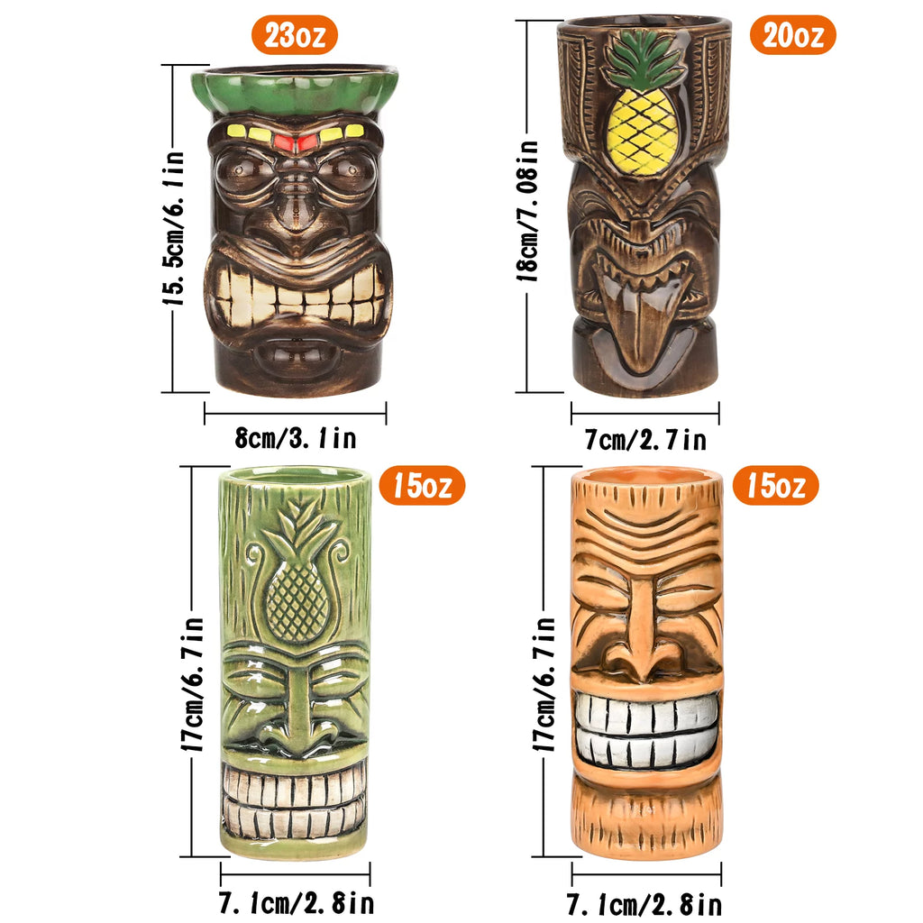 Tiki Mugs Cocktail Set of 4 - Large Ceramic Tumblers, Hawaiian Luau Party Drinkware T253