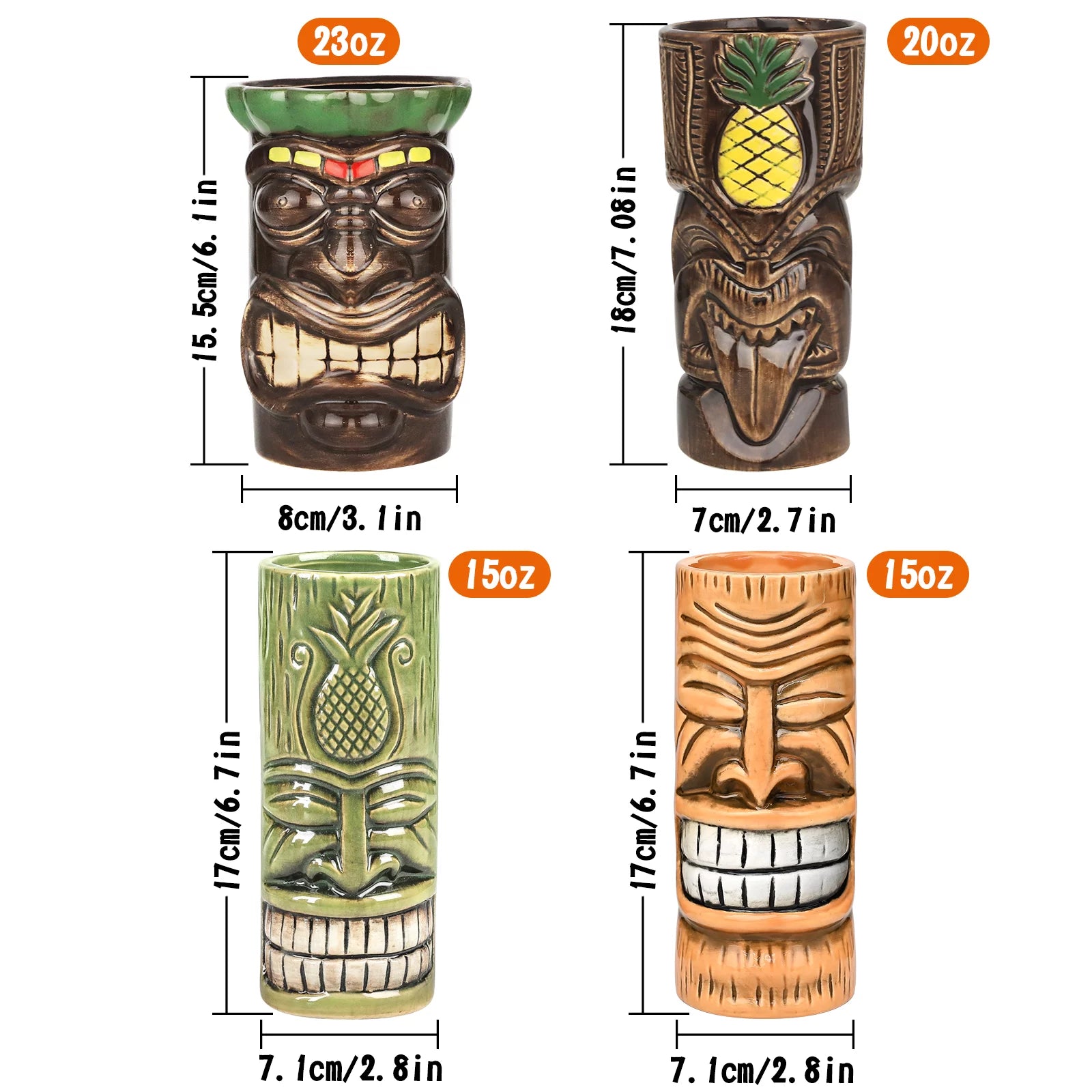 Tiki Mugs Cocktail Set of 4 - Large Ceramic Tumblers, Hawaiian Luau Party Drinkware T253