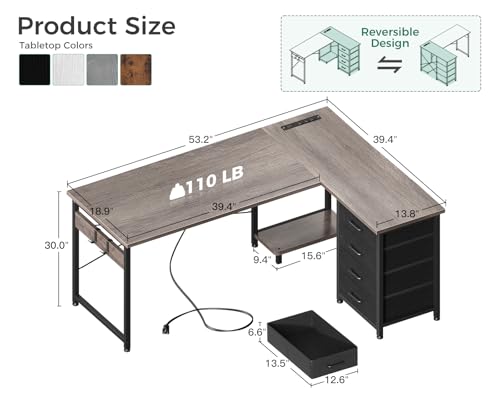 L Shaped Desk with 4 Tier Drawers, Power Outlets & USB, Corner Computer Desk with CPU Stand U4256