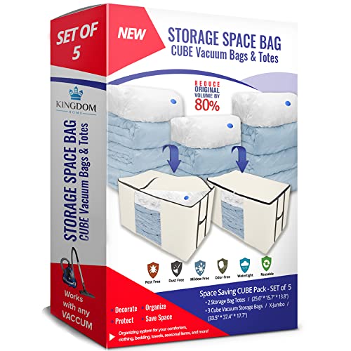 Cube Vacuum Storage Bags, Space Saver Bags, Premium Totes with Cubic Vacuum Compression Seal Bags for Clothing & Bedding. Jumbo Organizer for Storing Clothes, Comforters, Blankets, Pillows & More!