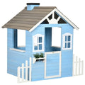 Wooden Playhouse for 3-6 Years Boy Girl, Outdoor Cottage Playhouse w/Bench, Door, 2 Windows, 3 Serving Station, Shelf & Flowerpot Holder, Outdoor Garden Lawn Patio Yard Cottage for 3-6 Age Boy Girl.