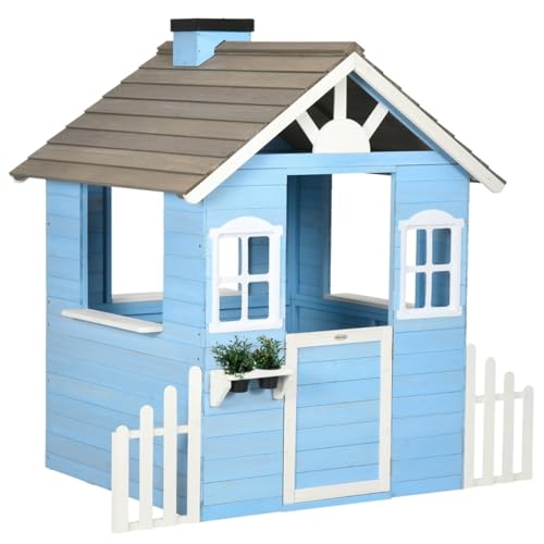 Wooden Playhouse for 3-6 Years Boy Girl, Outdoor Cottage Playhouse w/Bench, Door, 2 Windows, 3 Serving Station, Shelf & Flowerpot Holder, Outdoor Garden Lawn Patio Yard Cottage for 3-6 Age Boy Girl.