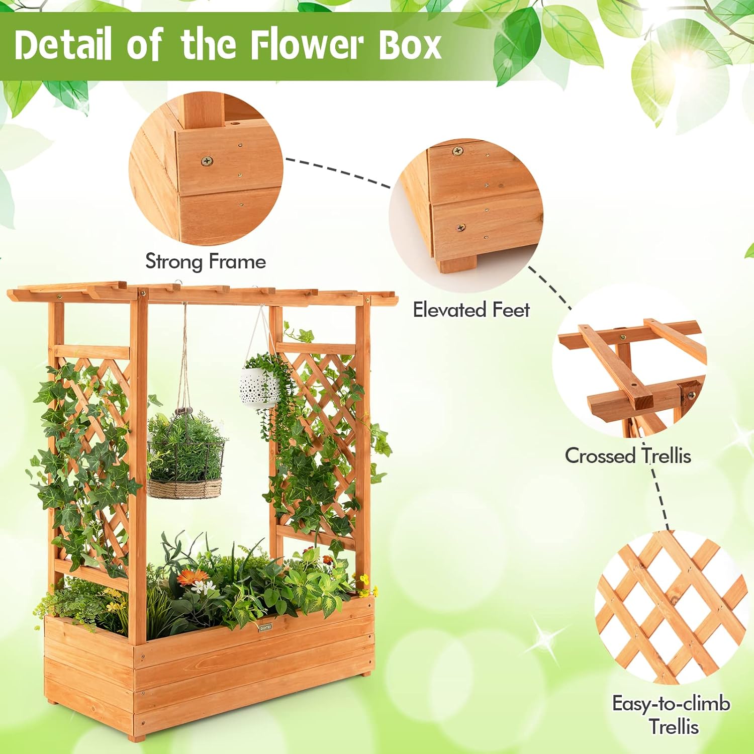 Raised Garden Bed with Trellis, Wood Planter Box with Drain Holes V4144