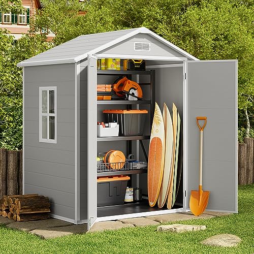 Gizoon Outdoor Resin Storage Shed 5x3 FT, Plastic Garden Shed with Floor for Tool, Garbage Can, Bike, Outside Sheds & Outdoor Resin Shed with Lockable Door for Patio, Lawn, Backyard, Grey & White