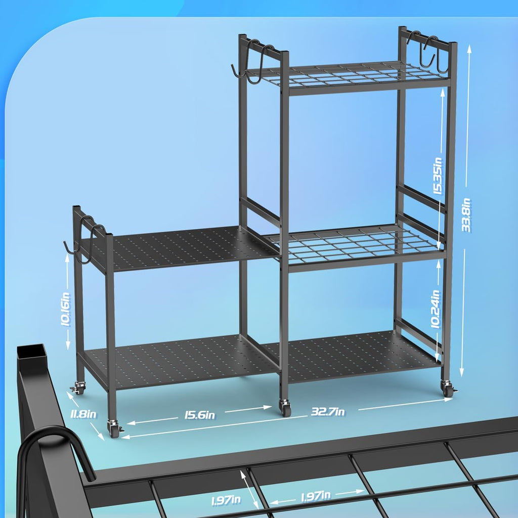Garden Tool Organizer with 6 Hooks and 2-Tier Metal Shelves C62460