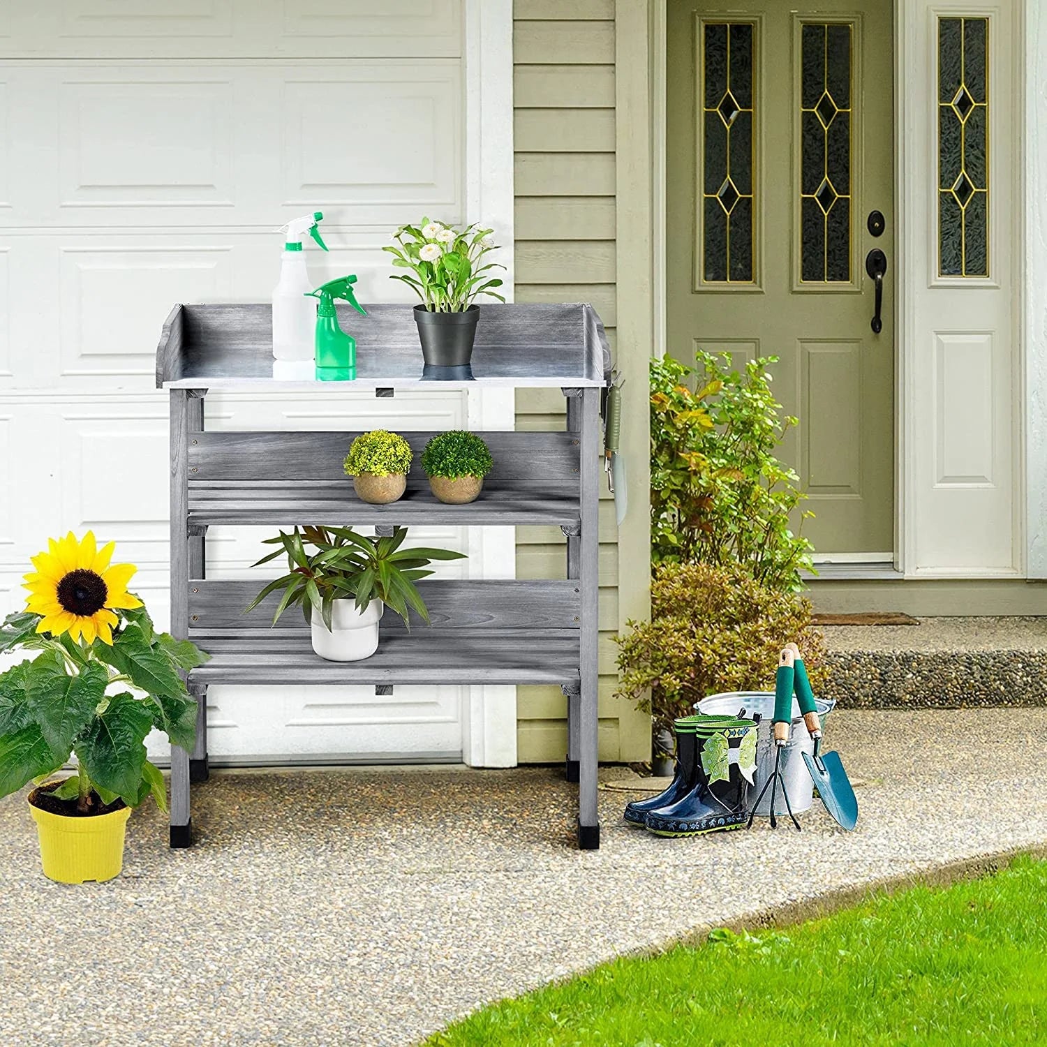 Wooden Potting Bench Table with Metal Tabletop and Storage Shelf A212159