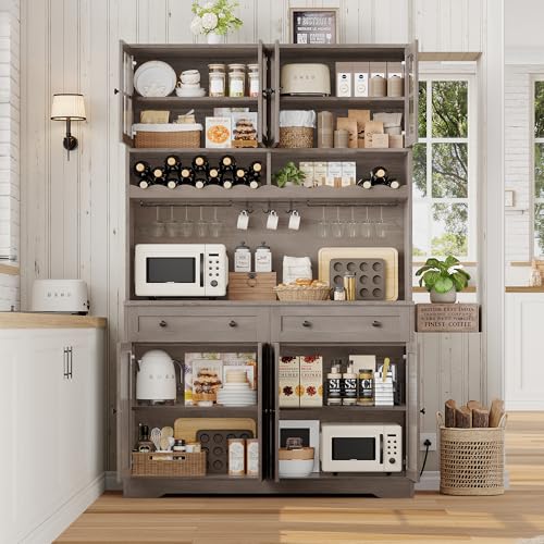 75.4" Tall Kitchen Pantry Cabinet with Charging Station, White, Glass Doors M88445