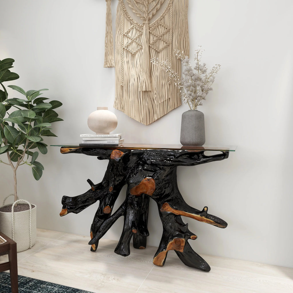 Black Teak Wood Live Edge Console Table with Clear Glass Top X4060