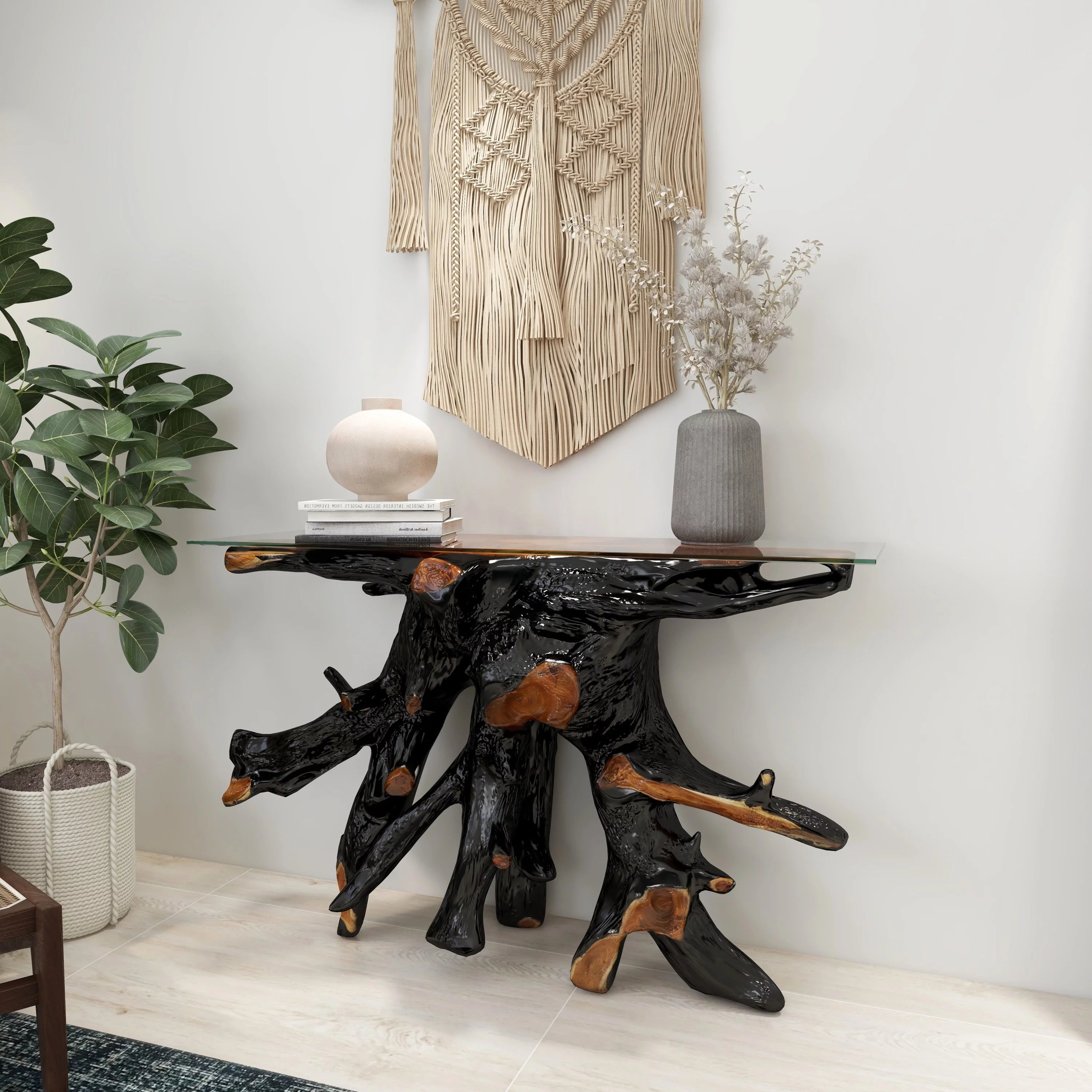 Black Teak Wood Live Edge Console Table with Clear Glass Top X4060