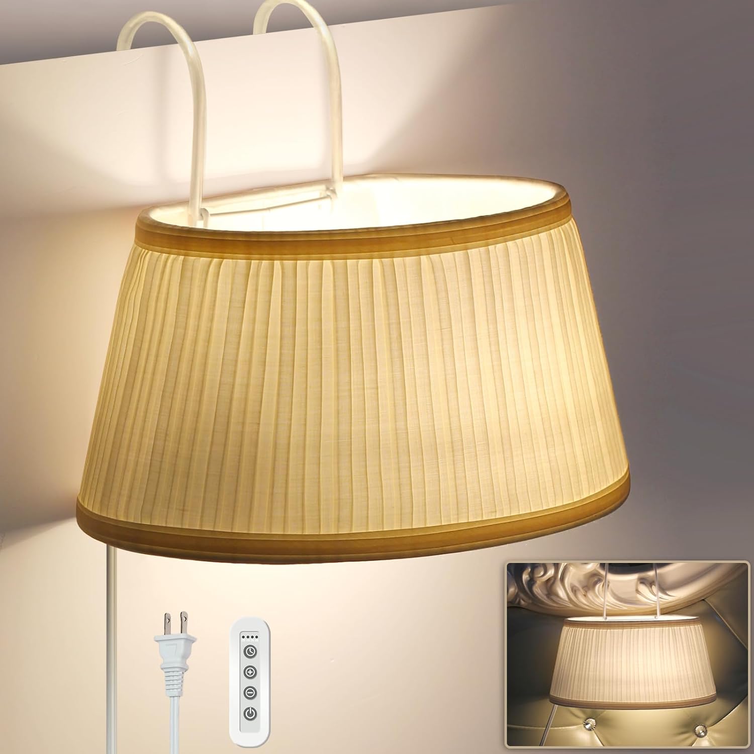 Bed Reading Light, Headboard Light Reading Lights for Books in Bed with Adjustable Hook, Eye Caring Soft Fabric Shade Bedtime Reading Lamp Plug in