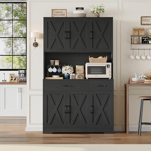 71" Tall Pantry Cabinet with Charging Station and Microwave Stand L63097