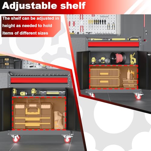 Metal Garage Storage Cabinet with 5 Adjustable Shelves and Wheels T460