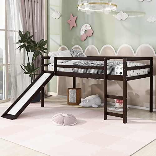 Wood House Loft Bed Frame with Slide and Storage Shelves Z806