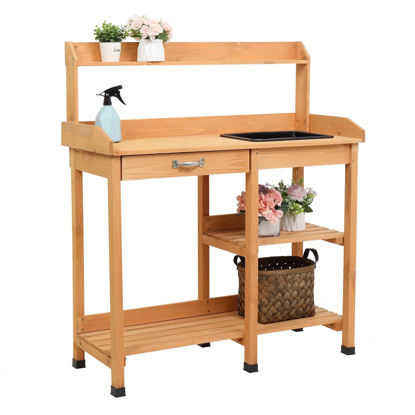 Wooden Potting Bench with Sink, Hooks and Storage Shelf Q510378