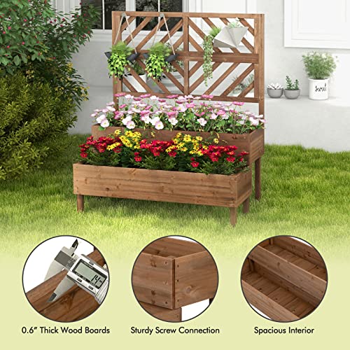 Raised Garden Bed with Trellis, 2-Tier Wooden Planter Box with Legs and Drain Holes F8672