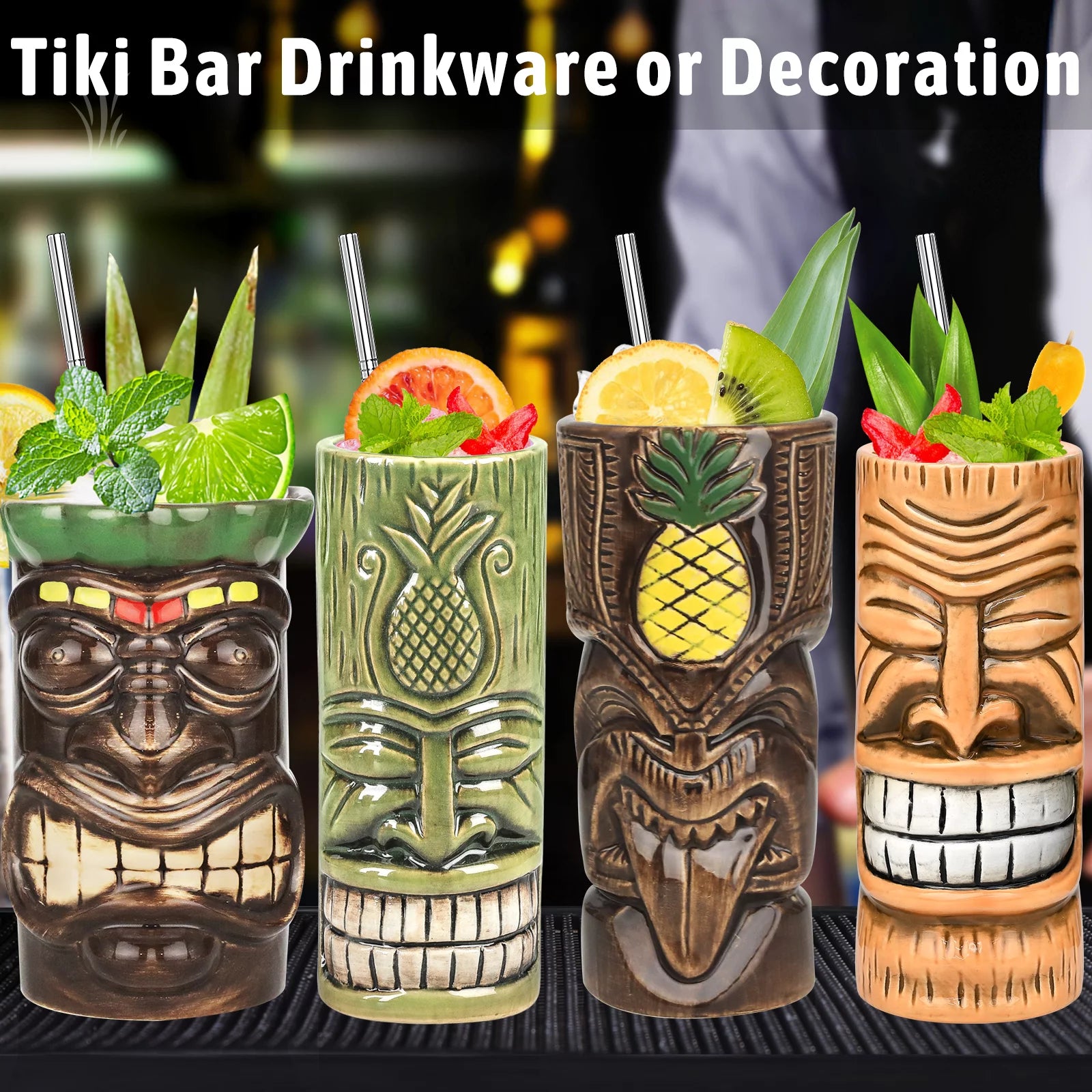 Tiki Mugs Cocktail Set of 4 - Large Ceramic Tumblers, Hawaiian Luau Party Drinkware T253
