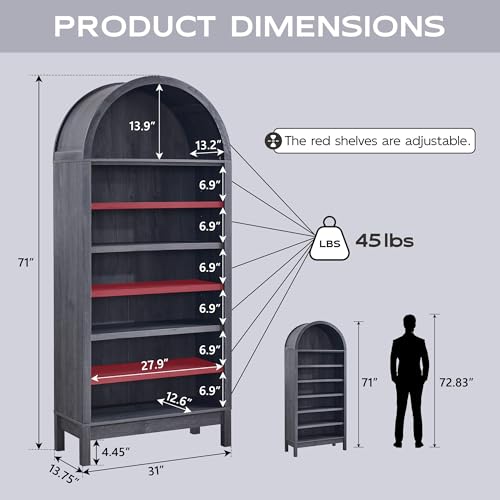 Arched Bookshelf, 7-Tier Bookcase with Adjustable Shelves A456