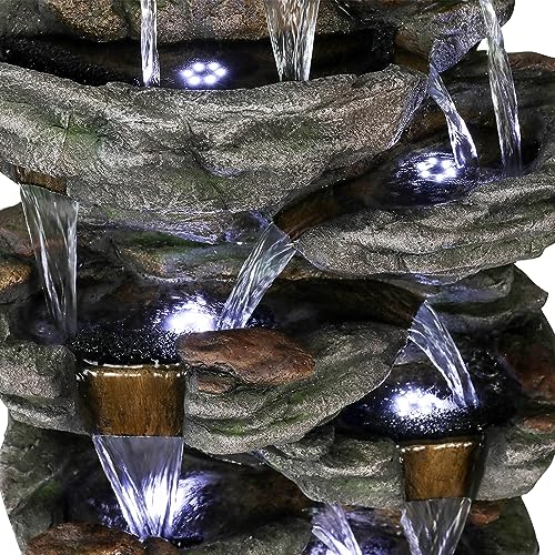 Large Outdoor Water Fountain - 47" H 9-Tier with LED Light, Resin Waterfall for Patio Garden Decor O9007