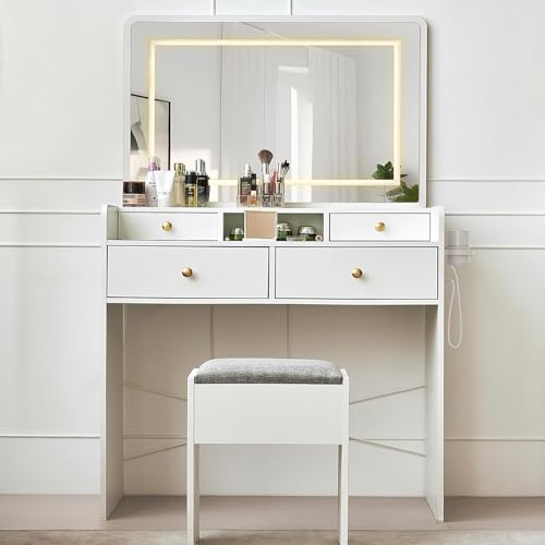 Vanity Desk with Mirror and Lights, Makeup Table with Drawers and Stool B20199