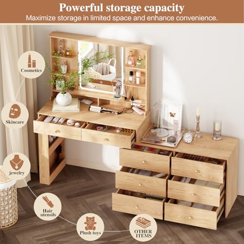 Large Makeup Vanity Desk with Mirror and Lights, 8 Drawers, Power Outlet B666