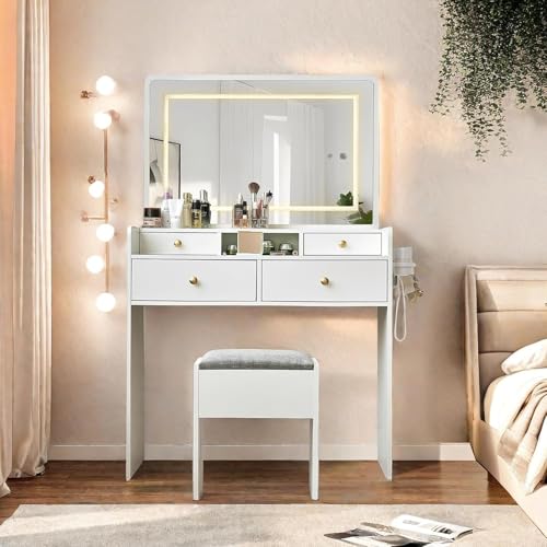 Vanity Desk with Mirror and Lights, Makeup Table with Drawers and Stool B20199