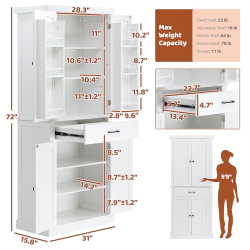 Kitchen Pantry Cabinet with 4 Doors and 1 Drawer, Freestanding Storage Cupboard L190261