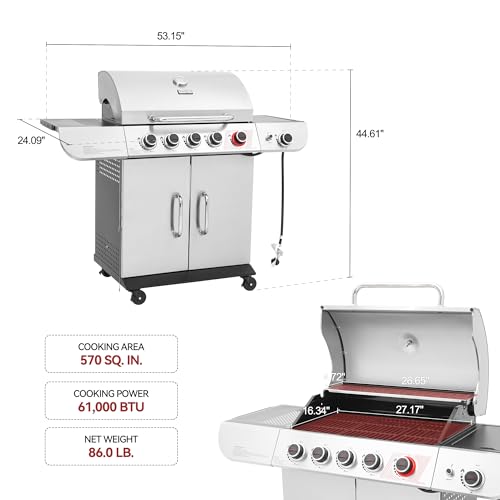 5 Burner Propane Gas Grill with Side Burner & Sear Burner, Stainless Steel, 61,000 BTUs for Outdoor Cooking J44613