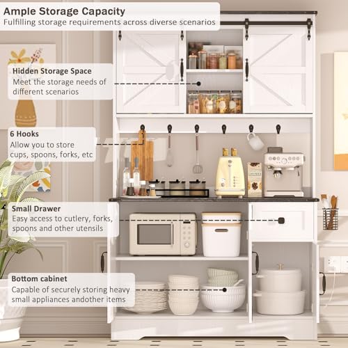 Kitchen Pantry Cabinet with Charging Station and Microwave Stand, White A481