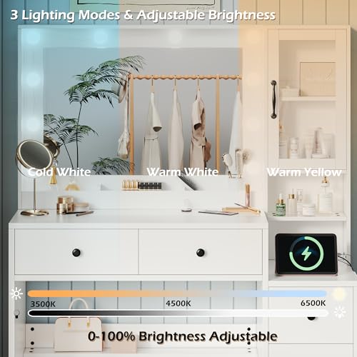 White Vanity Table with Drawer, Charging Station, Lighted Mirror P35549