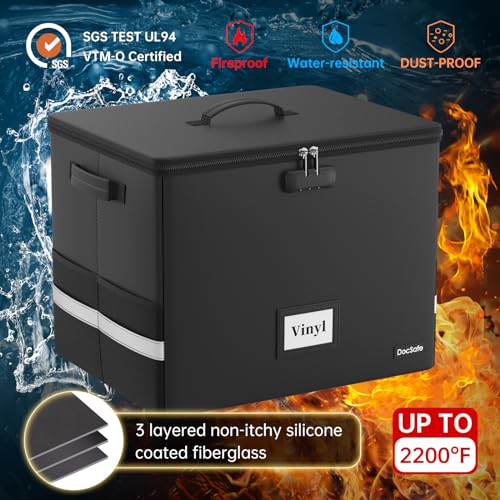 Vinyl Record Storage Box with Lock, Fireproof & Water Resistant, Holds 100+ 12-Inch Records H505