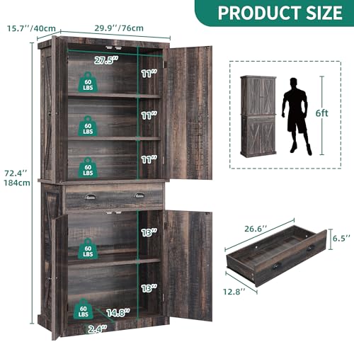 72" Tall Kitchen Pantry Cabinet with Barn Doors and Adjustable Shelves R388