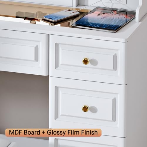 Makeup Vanity Desk with Mirror and Lights, Glass Top, 9 Drawers M5813