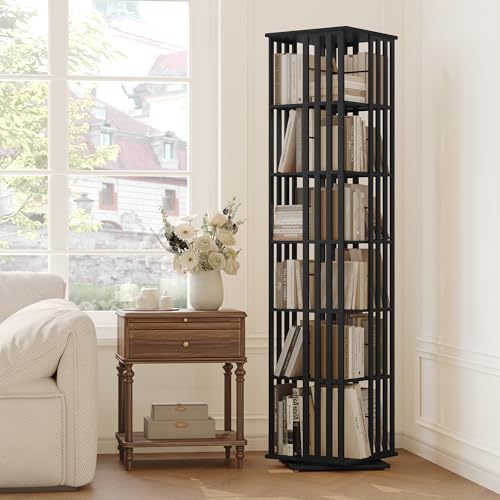 Rotating Bookshelf Tower, 360 Spinning Bamboo Bookcase, 6 Tier Floor Standing Storage Rack U3081