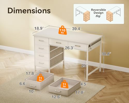 Computer Desk with 6 Drawers, 40 Inch Small Desk with Storage L2851