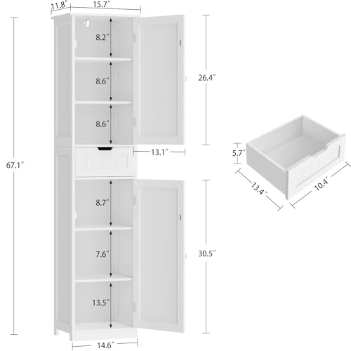 67" Tall Bathroom Cabinet with 2 Doors and 1 Drawer, Adjustable Shelves T930834