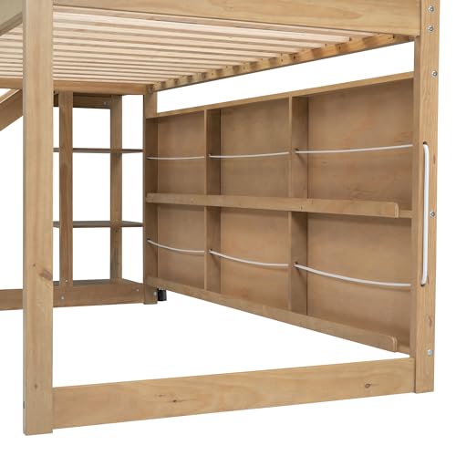 Wood House Loft Bed Frame with Slide and Storage Shelves Z806
