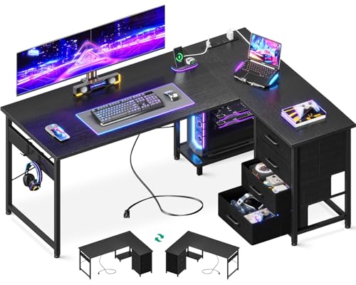L Shaped Desk with 4 Tier Drawers, Power Outlets & USB, Corner Computer Desk with CPU Stand U4256