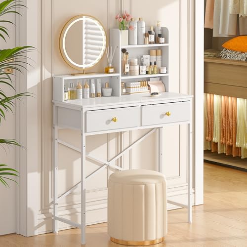 White Vanity Desk with 2 Drawers and Open Shelves B163