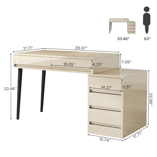 Gloss Desk with 5 Drawers, Modern Home Office Desk with Storage and Printer Stand W15196